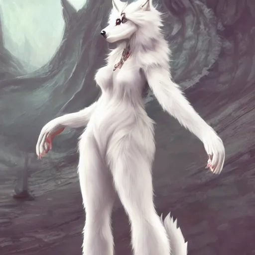 Image similar to full body shot of female anthro furry wolf princess fursona with white hair full, by Wlop and jerry park, artstation, detailed