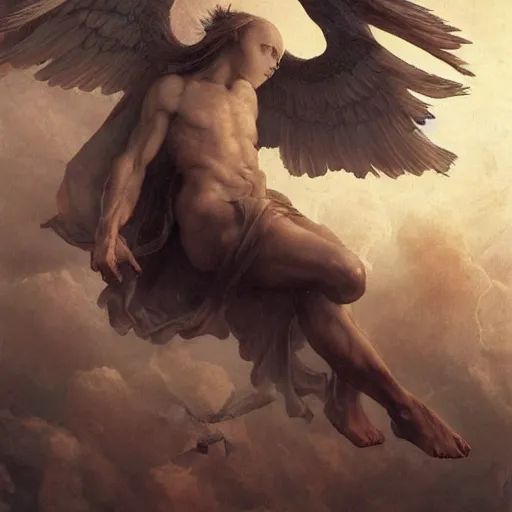 Image similar to androgynous fallen angel with shaved head on one falling through the sky while battling superior larger angels, beautiful, hd, high detailed, 4 k, art by leonardo da vinci, art by greg rutkowski