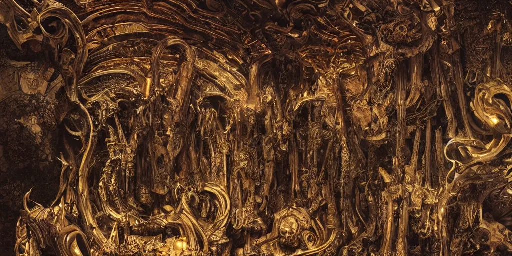 Prompt: ancient monument made of ribs and spines and teeth, gold ram horns, copper goat skulls, grand imposing powerful sculpture. swirls of mist. ominous clouds, intense light beams, lens flare. occult photorealism, uhd, amazing depth, volumetric lighting, cinematic lighting. epic landscape. alphonse mucha.