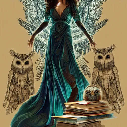 Image similar to a portrait jenna dewan as the goddess minerva surrounded by stacks of books, and owls, bioluminescent gown with deep level of detail of esoteric symbols, urban motifs, intricate, elegant, highly detailed, digital painting, trending on artstation, concept art, smooth sharp focus, illustration, art by artgerm and greg rutkowski