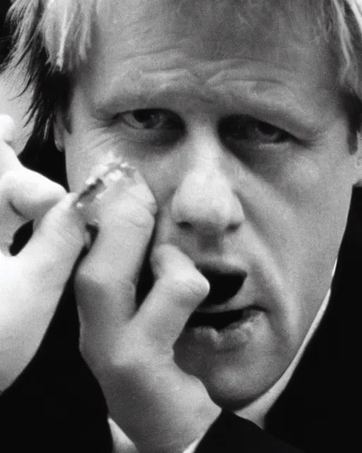 Image similar to film still close - up shot of boris johnson picking his nose from the movie monty python's the meaning of life. photographic, photography