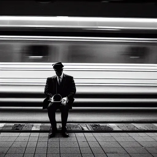 Image similar to a man in a suit waiting at a train station suspended in outer space, award-winning photograph