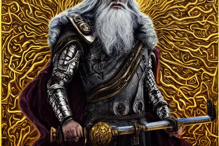 Image similar to odin all father supreme God of thunder and smithing and artificial intelligence creating an artificial neural network with gold synapses on an anvil with his mighty hammer, high resolution, award winning art, trending on art station, sharp image, incredibly detailed, detailed character, realistic painting, hyperrealistic painting