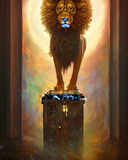 Prompt: anthropomorphic art of a timelord lion inside tardis, victorian inspired clothing by artgerm, victo ngai, ryohei hase, artstation. fractal papersand books. highly detailed digital painting, smooth, global illumination, fantasy art by greg rutkowsky, karl spitzweg, doctor who