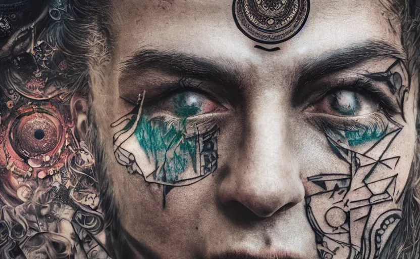 Image similar to hyperrealistic hyper detailed neo-surreal close-up 35mm portrait of levitating psychedelic shaman covered in geometric tattoos rococo matte painting concept art high saturation very dramatic lighting low angle hd 8k sharp shallow depth of field