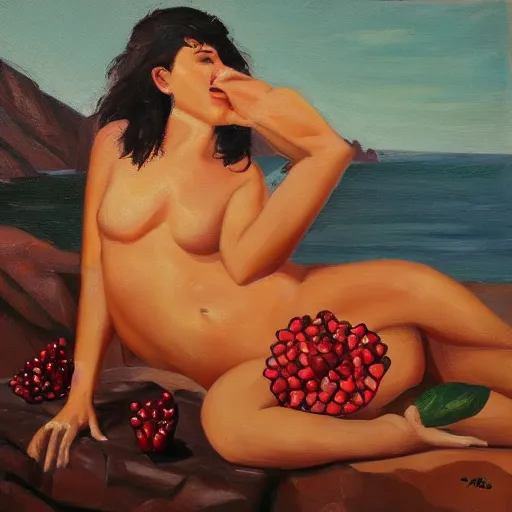Prompt: oil on canvas woman in a bikini on a rock eating pomegranate dripping juice