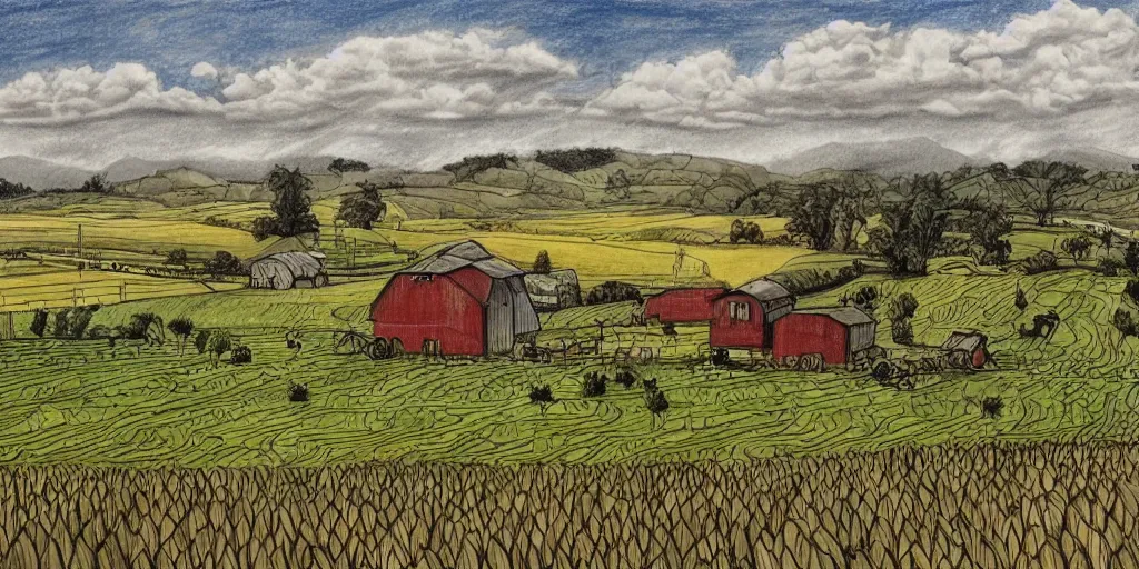 Prompt: stunning drawing of a farm landscape by brian k. vaughan