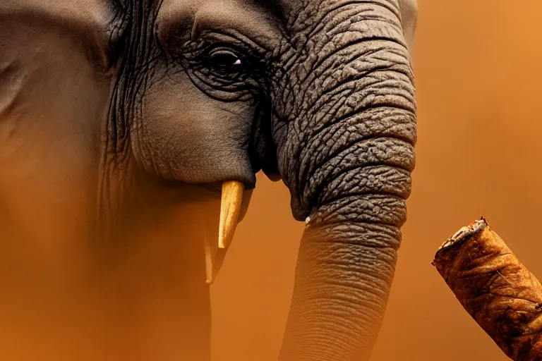 Image similar to ultra realistic nature photography, picture of ( subject : a cigar smoked by an elephant ). the scene is set in a cigar lounge, a very smokey atmosphere, small thick clouds of cigar smoke, artstation, focus on the cigar, extremely detailed and crisply sharp cigar, hyperrealistic smoke, sigma, 4 k