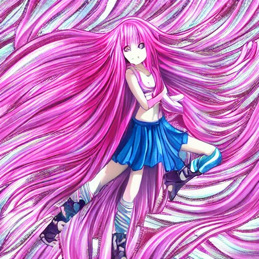 Prompt: “anime girl, flowing pink hair, extremely beautiful, swirly pink background, action shot, by Kurahana Chinatsu, trending on PixArt”