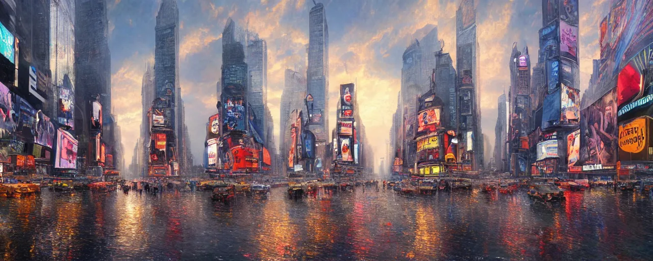 Prompt: A beautiful highly detailed epic painting of Times Square on the ocean's floor townscape, cool saturatured colors, caustics from the light coming down from above by greg rutkowski and thomas kinkade, panorama, Trending on artstation HD.