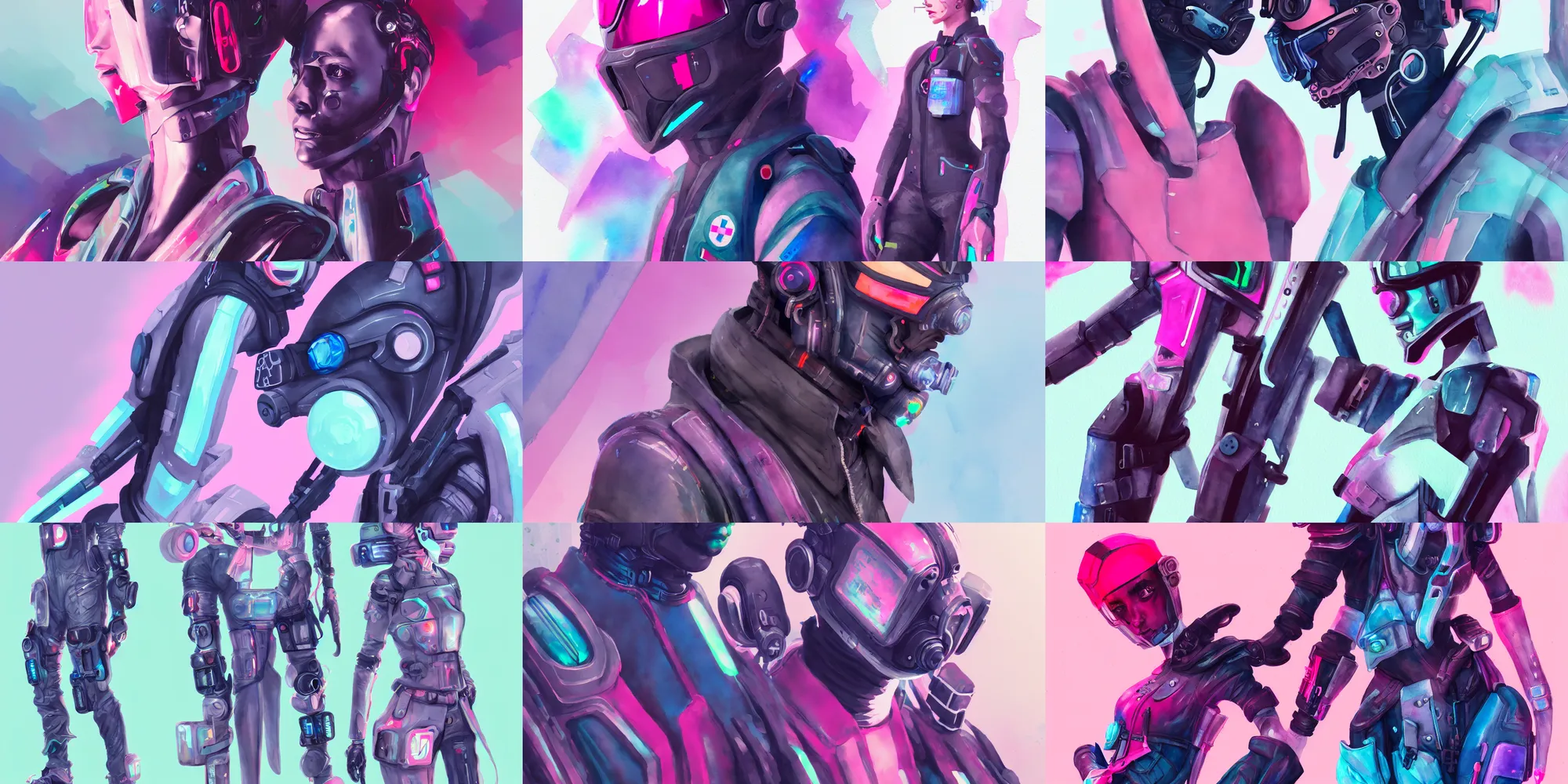 Prompt: collection of character design, futuristic, medic, cyberpunk, fantasy, trendy fashion, elegant, collection, pack, tech wear, vibrant color, pastel scheme, close up, artstation, 8 k, in watercolor gouache detailed paintings