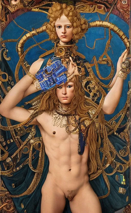 Image similar to beautifully painted mural of a stunning young cyborg prince in ornate royal fabric, piercing glowing eyes, sci fi scenery, vogue cover poses, mural in the style of sandro botticelli, caravaggio, albrecth durer