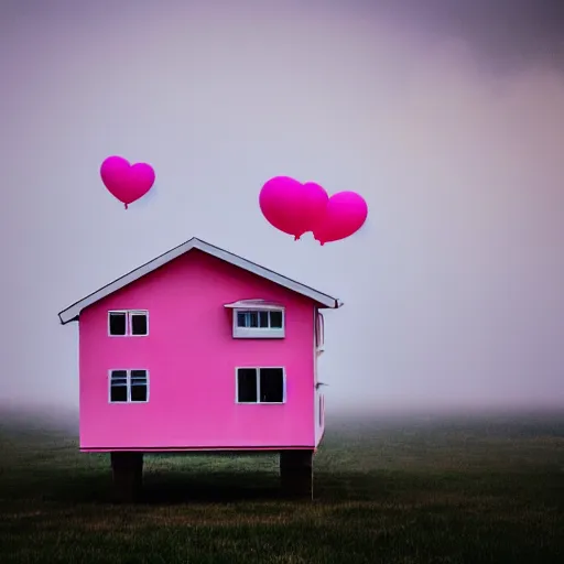 Image similar to a 5 0 mm lens photograph of a cute pink floating modern house, floating in the air between clouds, inspired by the movie up, held up from above by heart ballons. mist, playful composition canon, nikon, award winning, photo of the year