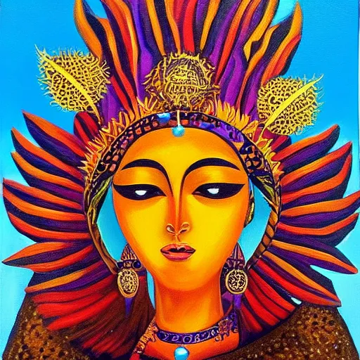 Prompt: an acrylic on canvas portrait painting of the Sun Goddess. Epic fantasy art.