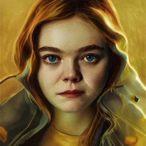 Prompt: Elle Fanning, head and shoulders masterpiece, apocalypse, golden hour, cosmic horror, artstation, in the style of Andrew Wyeth, extremely detailed