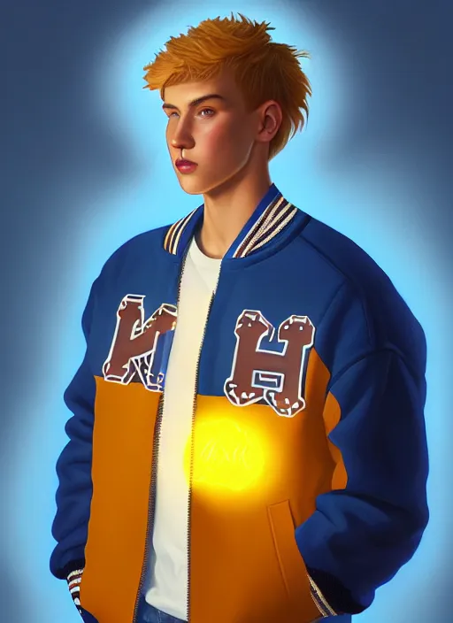 Image similar to portrait of high school senior boy named big moose, blonde short hair, jock, beefy, wide face, square jaw, square facial structure, blue varsity jacket with letter r, intricate, elegant, glowing lights, highly detailed, digital painting, artstation, concept art, sharp focus, illustration, art by wlop, mars ravelo and greg rutkowski