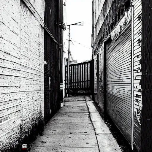 Image similar to impending doom in an alleyway, dread, hyper-modern, tension, high contrast