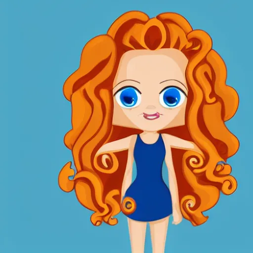 Prompt: flat shaded cartoon girl figure with curly blond hair, blue wide eyes.