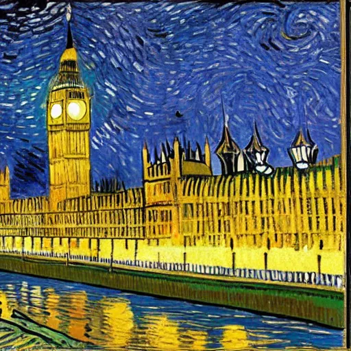 Prompt: Houses of parliament painted by Van Gogh