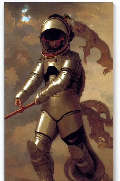 Image similar to a astronaut his haed is chinese dragon head, in armor and helmet, by bouguereau