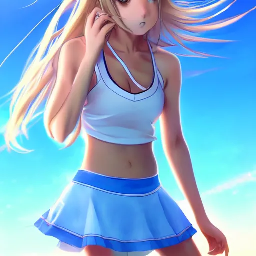 Image similar to a very beautiful young anime tennis girl, very angry, full body, long wavy blond hair, sky blue eyes, full round face, short smile, bikini, miniskirt, highly detailed, cinematic wallpaper by stanley artgerm lau