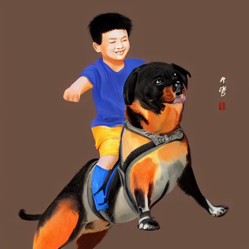 Image similar to chinese boy riding on top of a rottweiler, digital painting