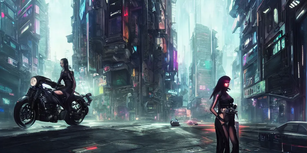 Image similar to portrait of a young beautiful cyberpunk woman on a motorbike driving away down the a street of a cyberpunk city neuromancer, megacity, gorgeous view, depth, high detail, digital art, painted by greg rutkowski & seb mckinnon, trending on artstation