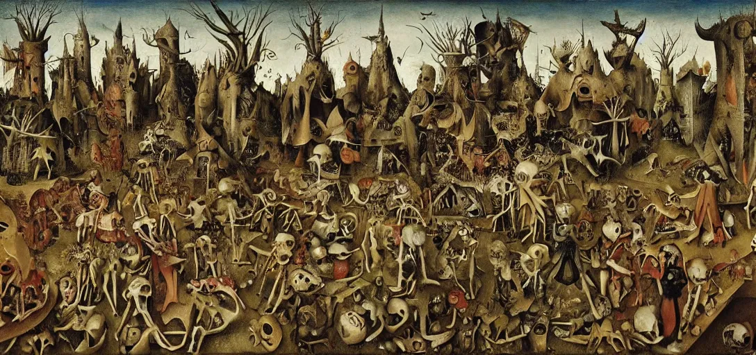 Image similar to Skeletons walking through the garden of earthly delights, hyper-surrealism, highly detailed and intricate matte painting by Max Ernst, Hieronymus Bosch and Giuseppe Arcimboldo