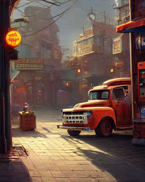 Image similar to talking truck buying cigarettes from a vending machine in a robust fantasy village, calming, uplifting mood, ultra realistic, factory, funny, small buildings, highly detailed, epic lighting, illuminated, cinematic, morning, art by eddie mendoza