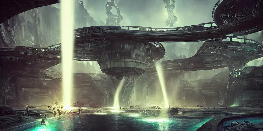 Image similar to alien spacecraft hovering over beautiful pool waterfalls surrounded by alien robots, steel archways, industrial buildings, rusty metal towers, sun setting, ross tran, fantasy, james jean, peter morbacher, angelarium, alchemy, luxury, heavenly light, soft illumination, trending on artstation, cinematic lighting, digital painting, octane render