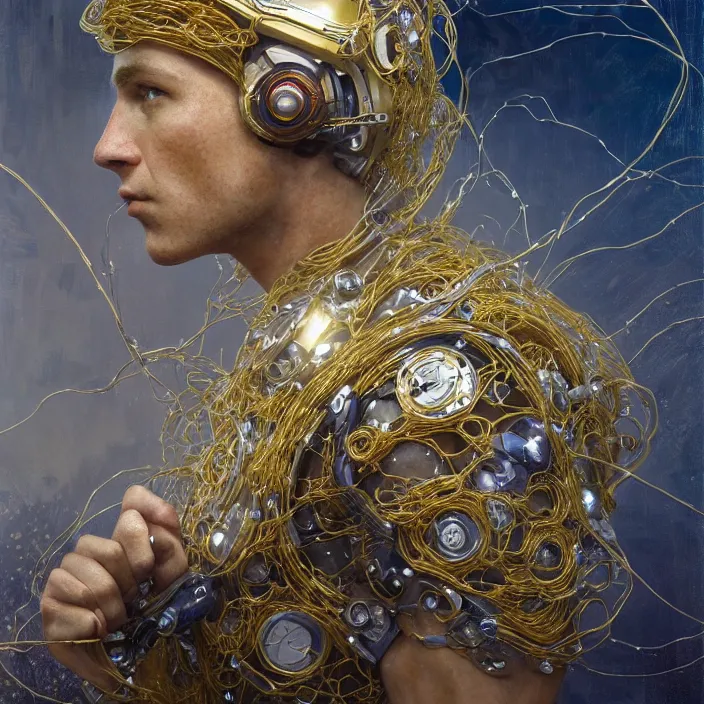 Image similar to hyperrealist portrait of a 2 0 4 4 space sport ironman, it is decorated with long gold wires and white flowers that fall like vines and wears a huge computer crown. by jeremy mann and alphonse mucha, fantasy art, photo realistic, dynamic lighting, artstation, poster, volumetric lighting, dramatic light, very detailed faces, 8 k, award winning