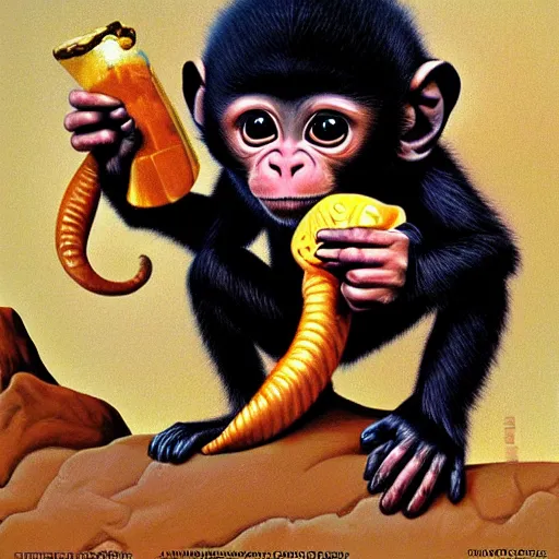 Prompt: The adorable baby monkey by Greg Hildebrandt