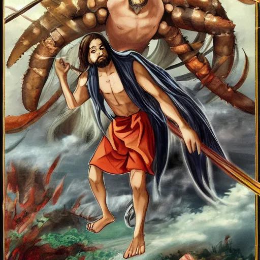 Image similar to Jesus as anime character fighting a giant enemy crab