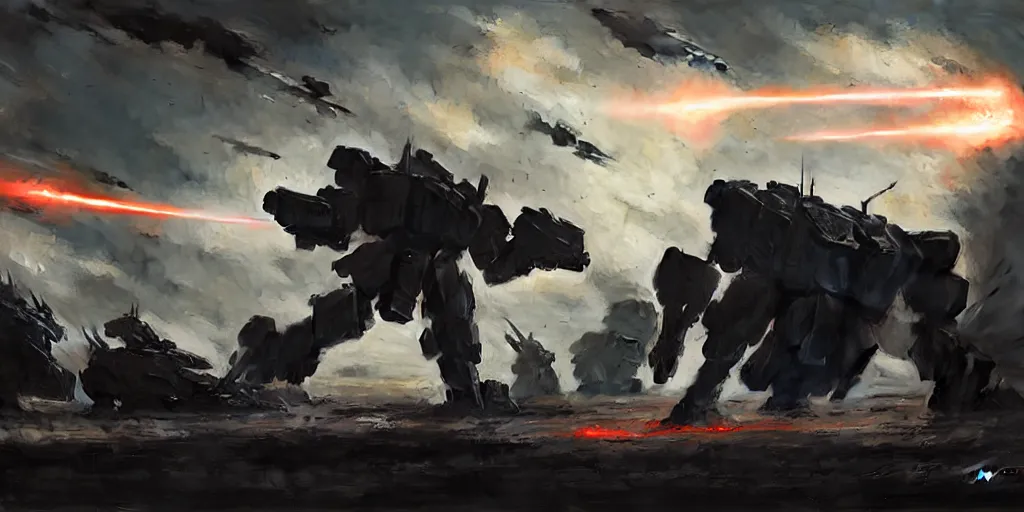 Prompt: an armored core on the ground, booster flares, legs, laser rifles, karst landscape, clouds, daylight ; detailed illustrations, pastel tones, deep colors, clear lines, by jordan grimme, greg rutkowski