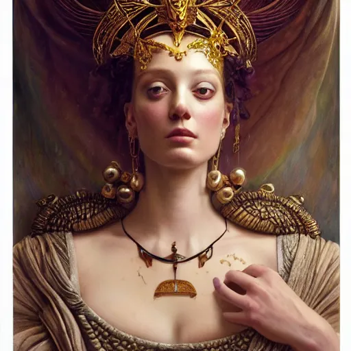 Image similar to highly detailed oil painting | very intricate | cinematic lighting | award - winning | portrait of goddess astarte dressed by alexander mcqueen | by roberto ferri, by tom bagshaw, by j. c. leyendecker and klimt, american romanticism, by austin osman spare, artstation, cgsociety, official art, octane