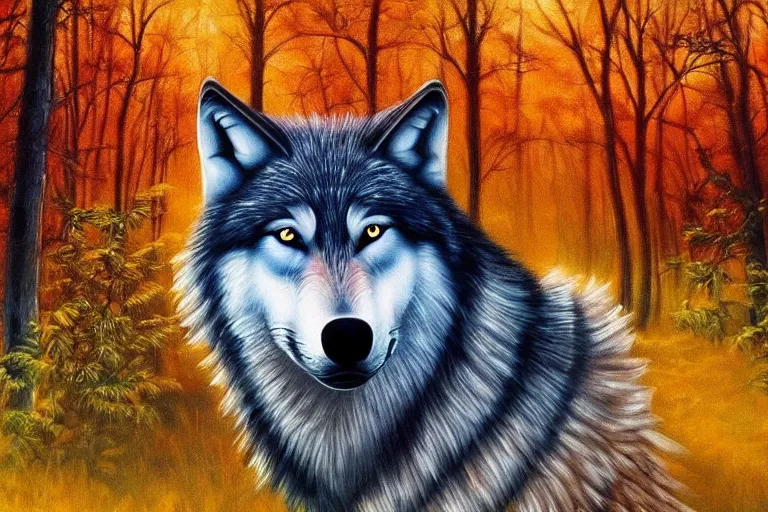 Image similar to wolf, fantasy, painting, ultra realistic!!!, clear weather, golden hour, sharp focus