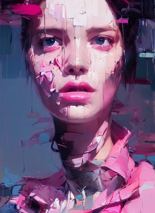 Prompt: outdoor portrait of a beautiful girl, shades of pink, beautiful face, rule of thirds, intricate outfit, spotlight, by greg rutkowski, by jeremy mann, by francoise nielly, digital painting