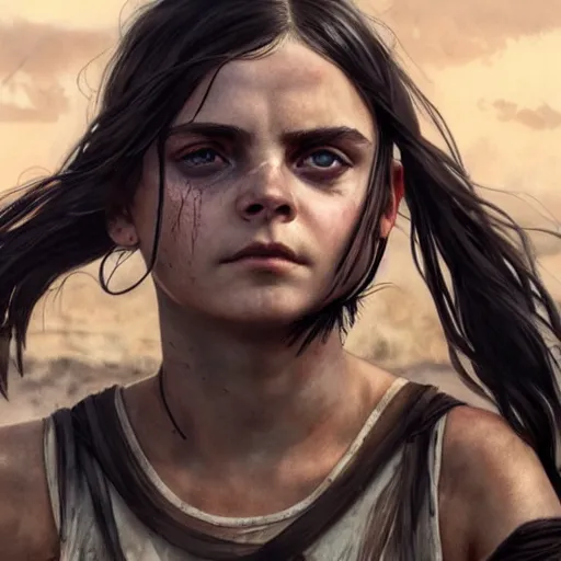 Prompt: dafne keen, mad max, cinematic shot, 8 k, art by artgerm and greg rutkowski and alphonse mucha