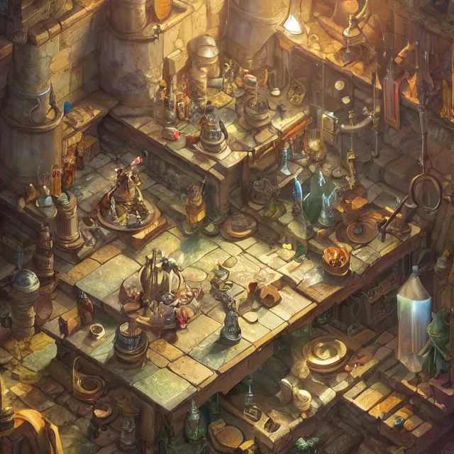 Prompt: a digital painting of a cluttered isometric fantasy medieval alchemist's laboratory by justin gerard, paul bonner, highly detailed, volumetric lighting, digital art, isometric, artstation hd