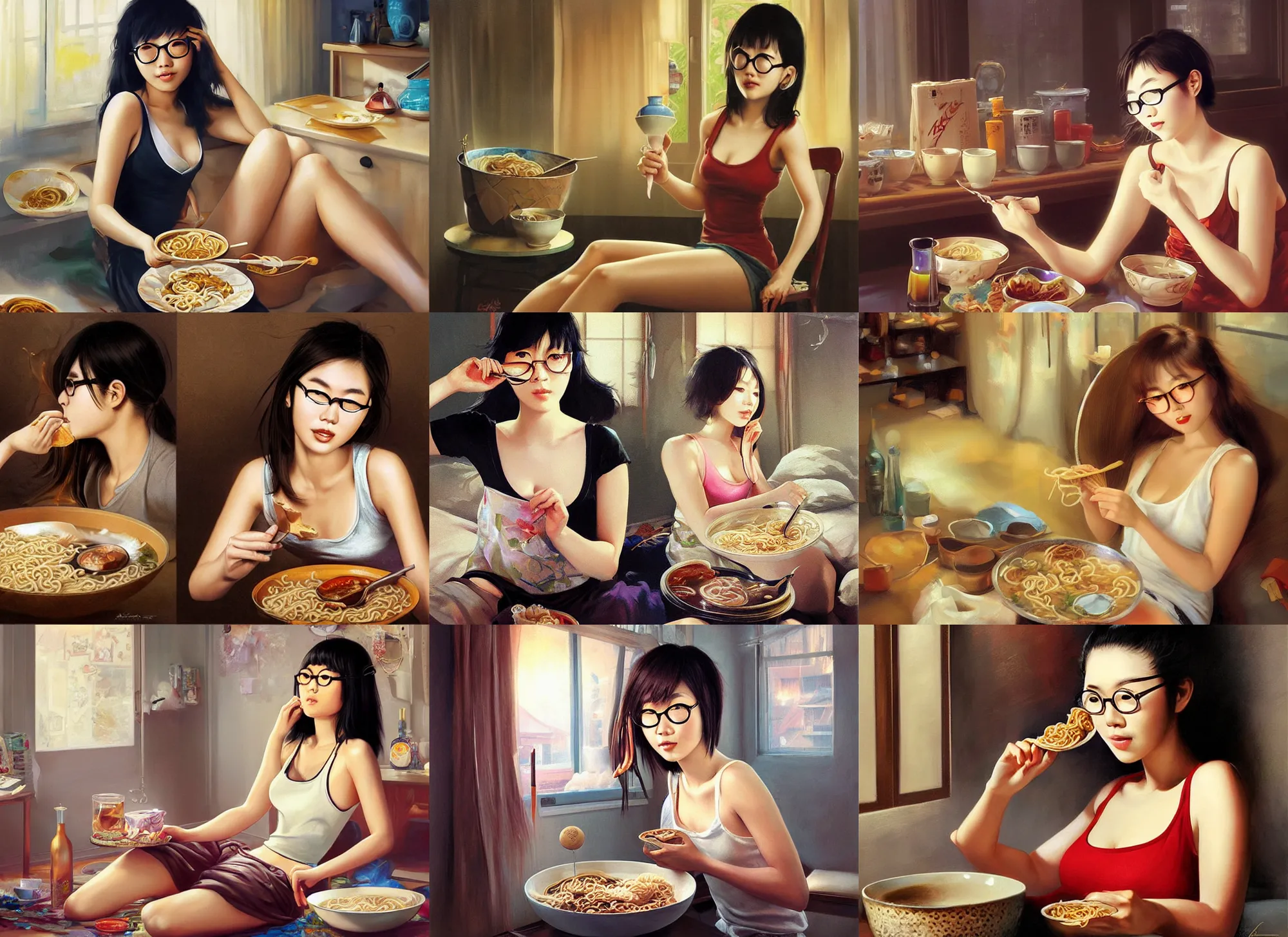 Prompt: beautiful japanese young woman with large round glasses, wearing a tanktop, eating ramen in her messy apartment, digital art by Artgerm, Mark Arian, Rolf Armstrong