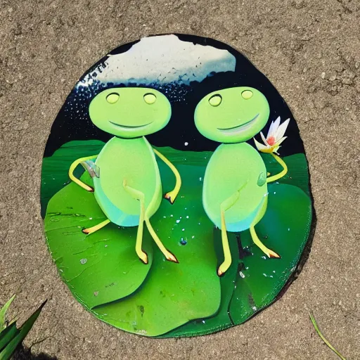 Image similar to bingus and bongus sitting on a lily pad