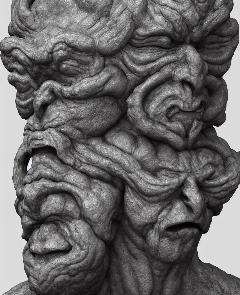 Image similar to ancient japanese, oni iron statue, bust portrait body, kamakura period, hyper realistic, texture details, high fidelity, like arsen asyrankulov, octane render,