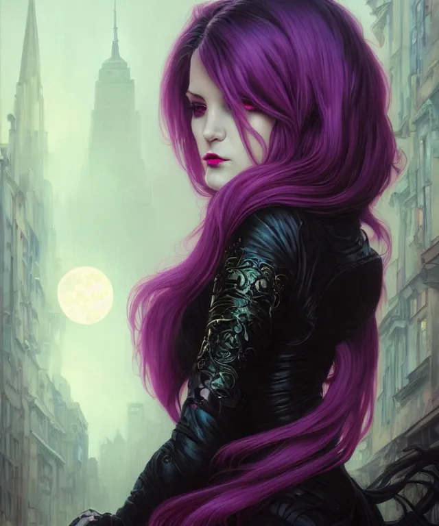 Image similar to Beautiful female vampire mother and daughter, eastern european origin, sci-fi, pink eyes, face, black and purple hair, fantasy, intricate, elegant, new york alleyway, moonlit, highly detailed, digital painting, artstation, concept art, smooth, sharp focus, illustration, art by artgerm and greg rutkowski and alphonse mucha