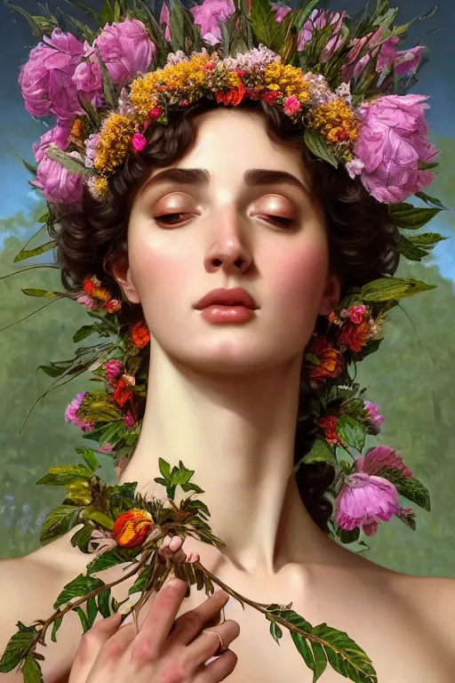 Image similar to body portrait of beautiful roman godess wearing a robe of flowers, wearing a crown of leaves, full body portrait of a young beautiful woman low angle by terry o'neill intricate, elegant, highly detailed, digital painting, artstation, concept art, smooth, sharp focus, illustration, art by artgerm and greg rutkowski and alphonse mucha, 8 k