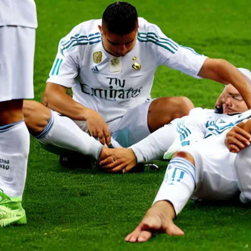 Image similar to ronaldo in a game laying down because he's tired and his teammates are angry at him