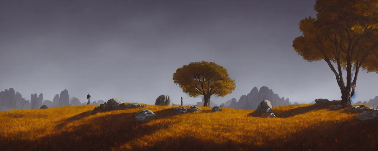 Prompt: a meadow hill landscape with tall stones on the top forming a circle, by anato finnstark