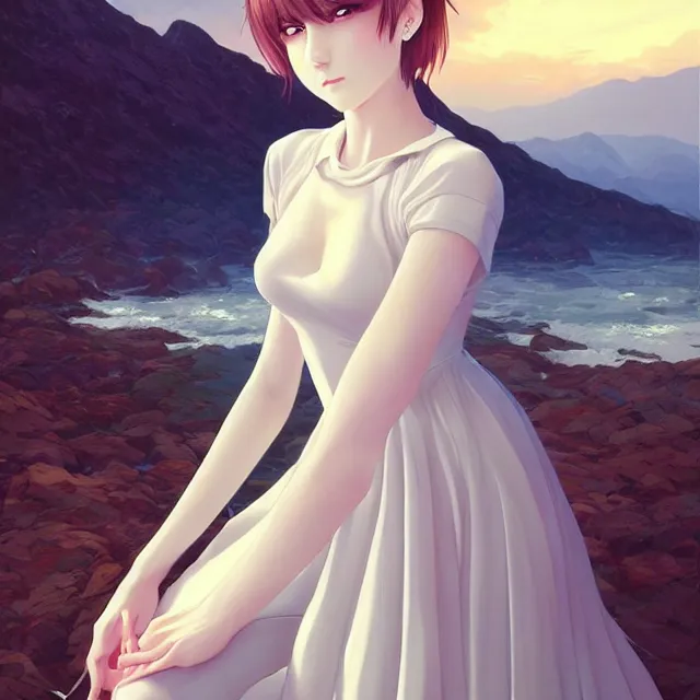 Image similar to infinitely detailed full - body portrait pale female peaceful dream angel wearing elegant clothes. beautiful! scenery art! by wlop & murata range, by ilya kuvshinov. artstation!! / pixiv!!