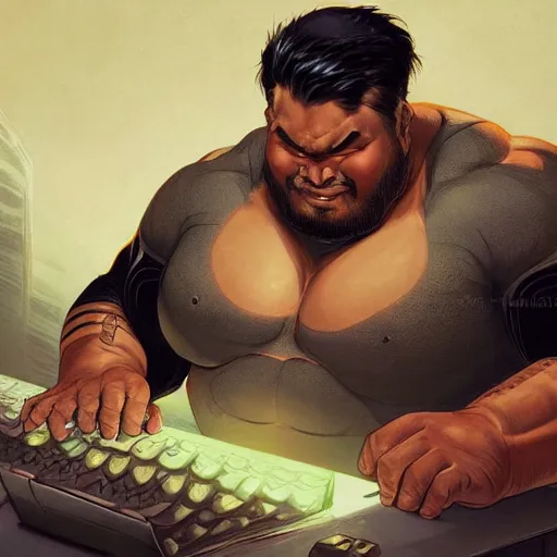 Image similar to a insanely detailed painting of a thick asian man wearing a homemade superhero costumed, sitting at a computer desk typing on the keyboard, in the style of peter mohrbacher, dramatic lighting and composition, trending on artstation, concept art, comic book, graphic novel