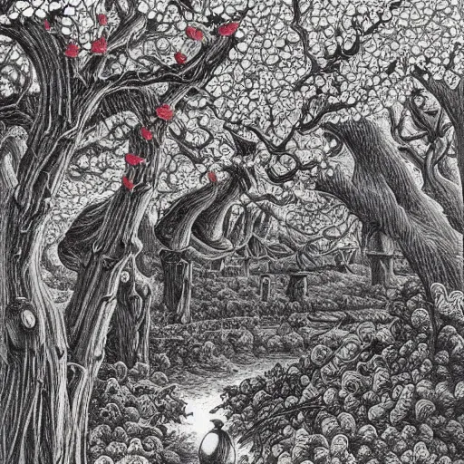 Image similar to warm red, steampunk eclectic, shadowy by shotaro ishinomori, by todd schorr. a beautiful drawing depicting a farm scene. the drawing shows a view of an orchard with trees in bloom.