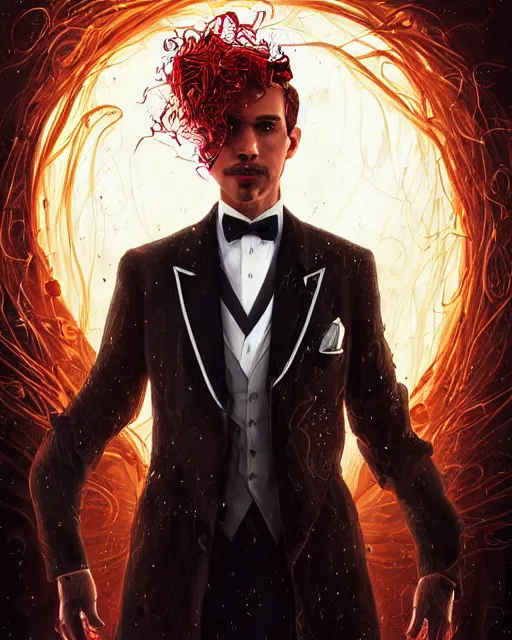 Image similar to a highly detailed portrait of serious male magician radiating a majestic fiery aura, back tuxedo, wispy tendrils of smoke, intricate, digital painting, old english, raining, sepia, particles floating, whimsical background by marc simonetti, artwork by ramond swanland and liam wong